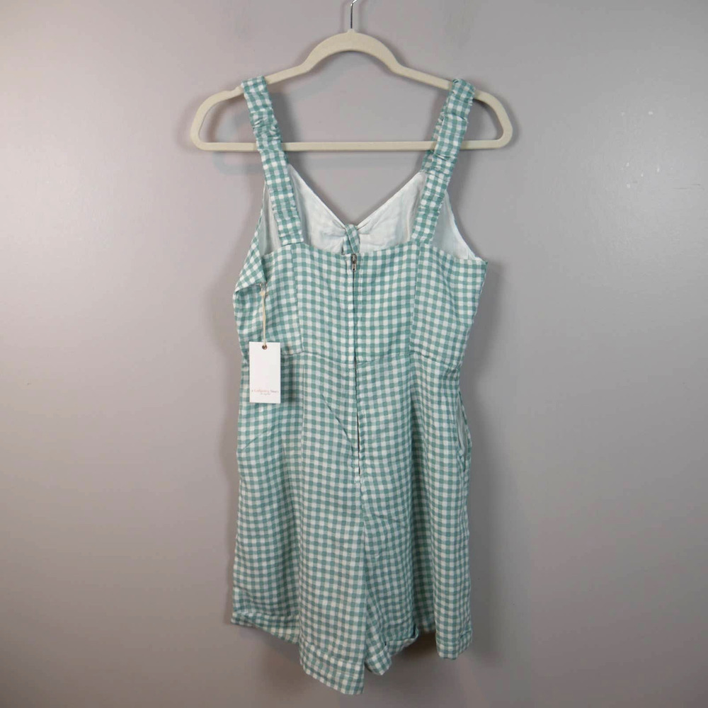 𝅺FRANCESCA'S NWT Liza Green Front Tie Gingham Romper Size Medium - Picture 4 of 10